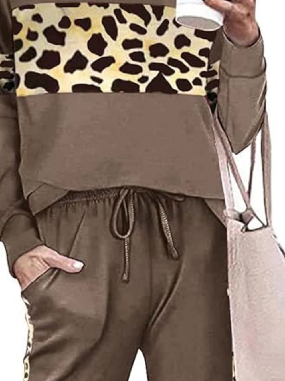 Women's Two-Piece Lounge Set with Leopard Accent - Brown